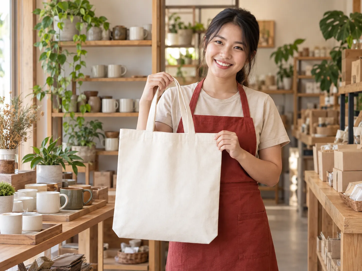 เจ้าของร้านยิ้มต้อนรับพร้อมกระเป๋าผ้าสีครีมและสินค้าภายในร้าน